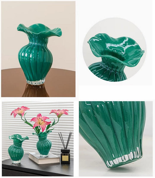 Contemporary Vases for Modern Home Decor, Unique Handmade Liuli Vases, Color Glaze Vase, Green Glass Bud Vases, Centerpiece Vases on Table-LargePaintingArt.com