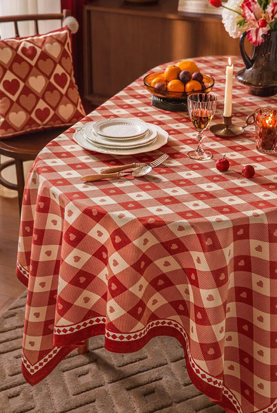 Red Heart-shaped Table Cover for Dining Room Table, Holiday Red Tablecloth for Dining Table, Modern Rectangle Tablecloth for Oval Table-LargePaintingArt.com