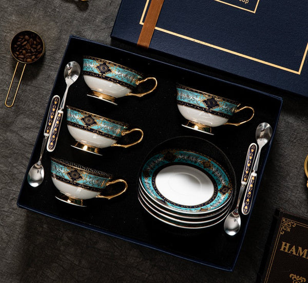 Elegant British Ceramic Coffee Cups, 7.4 oz Porcelain Tea Cup Set for Office, Unique Tea Cup and Saucer in Gift Box-LargePaintingArt.com