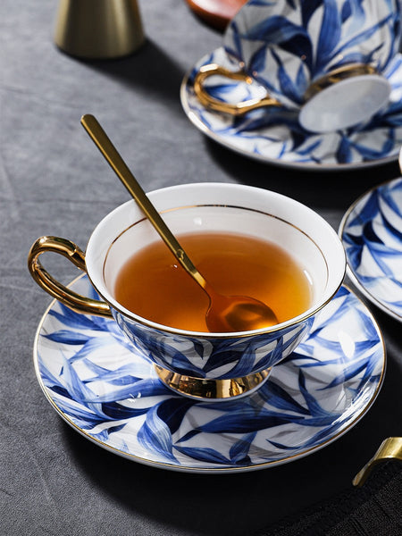 Unique British Tea Cup and Saucer in Gift Box, Blue Porcelain Tea Cup Saucer Set, 7.4 oz British Ceramic Coffee Cups-LargePaintingArt.com