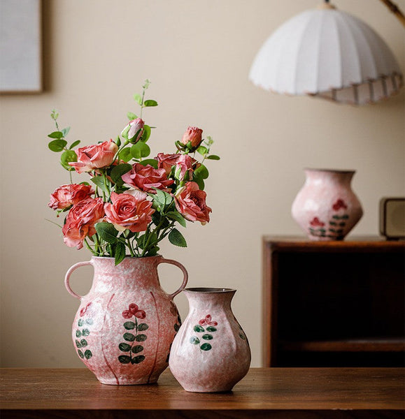 Handmade Water Holding Flower Vases, Rustic Pottery Flower Vases, Small Flower Vases on Table, Pink Bud Vases-LargePaintingArt.com