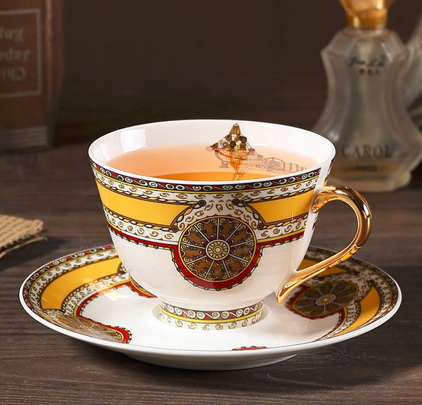 Handmade Beautiful British Tea Cups, Creative Porcelain Tea Cup Saucer Set, Yellow Royal Ceramic Coffee Cups, 6.8 oz Tea Cup and Saucer-LargePaintingArt.com