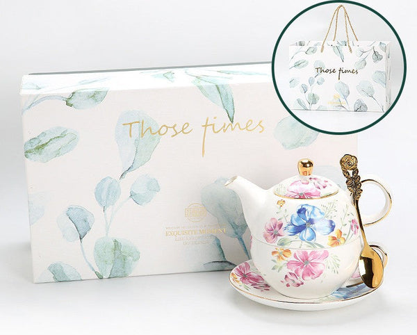 Ceramic Tea Pot with Integrated Cup, Stackable Teapot and Cup Set, Porcelain Teapot with Matching Cup and Saucer in Gift Box, Mother and Baby Teapot with Matching Saucer-LargePaintingArt.com