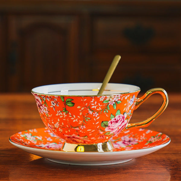Porcelain Tea Cup and Saucer Set, Floral Ceramic Coffee Cup with Saucer, Traditional English Tea Cup and Saucer Set, Afternoon British Tea Cup with Saucer-LargePaintingArt.com
