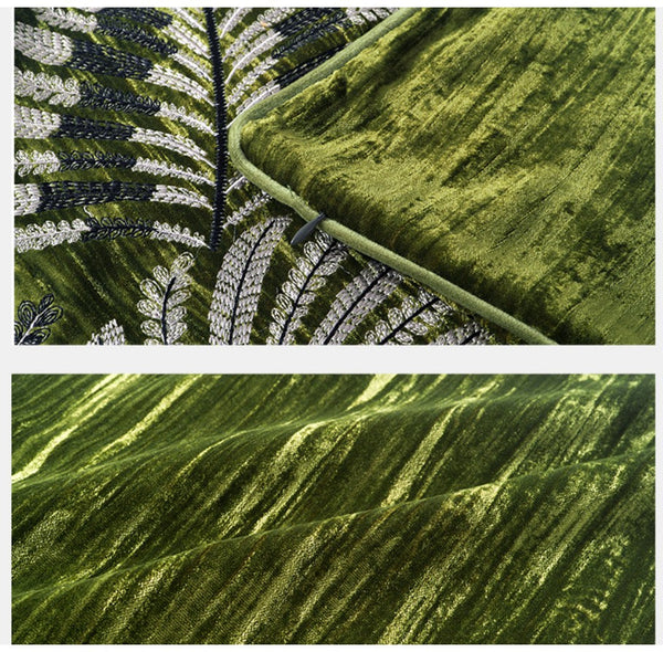 Large Throw Pillow for Interior Design, Embroidery Leaves Green Decorative Sofa Pillows, Luxury Decorative Throw Pillows for Couch, Large Square Modern Sofa Pillows-LargePaintingArt.com