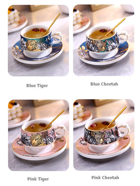 Creative Ceramic Tea Cup and Saucer, Jungle Tiger Cheetah Porcelain Coffee Cups, Unique Ceramic Cups with Gold Trim and Gift Box-LargePaintingArt.com