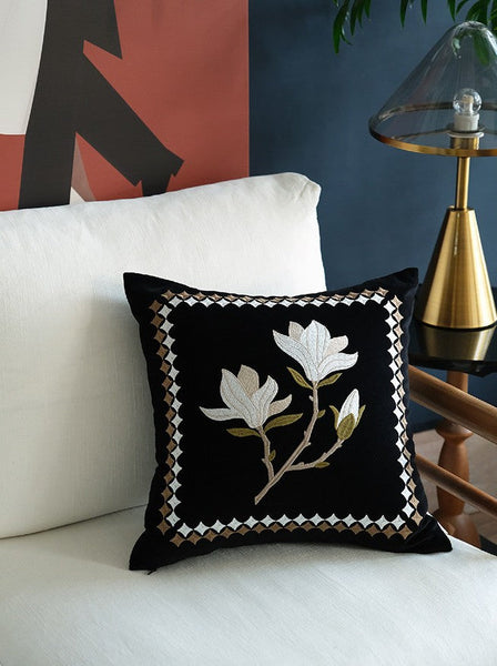 Decorative Pillow Arrangement Ideas for Couch, Magnolia Embroidered Cushion, Large Decorative Pillows for Couch, Modern Throw Pillows for Bedroom, Living Room Decorative Pillows-LargePaintingArt.com