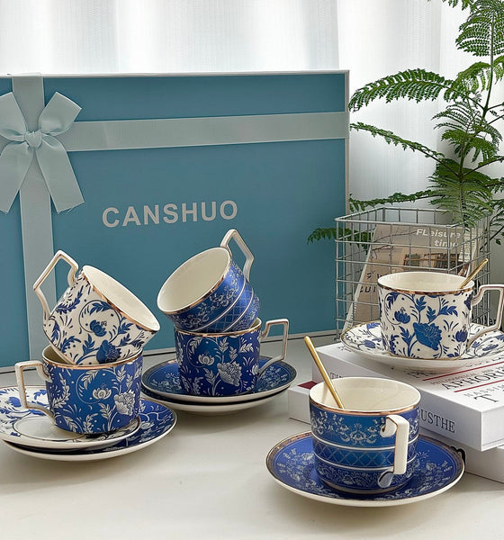 Ceramic Coffee Cup with Saucer in Gift Box, 8 oz Blue Porcelain Tea Cup and Saucer Set of 4 cups, British Traditional Afternoon Tea Cup Set with Teapot-LargePaintingArt.com
