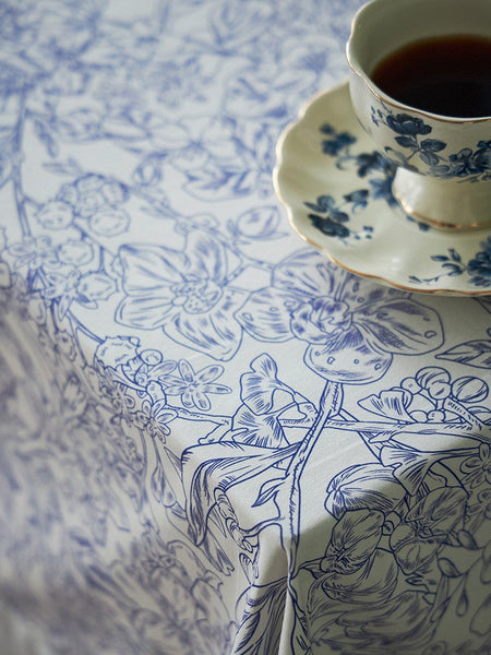 Cotton Rectangle Tablecloth for Dining Room Table, Natural Spring Farmhouse Table Cloth, Blue Flower Pattern Cotton Tablecloth, Square Tablecloth for Round Table-LargePaintingArt.com