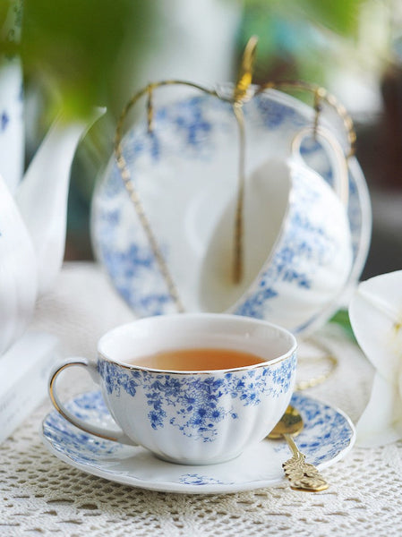 Blue Bone China Porcelain Tea Cup Set, British Royal Ceramic Cups for Afternoon Tea, Unique Blue Tea Cup and Saucer in Gift Box, Elegant Ceramic Coffee Cups-LargePaintingArt.com