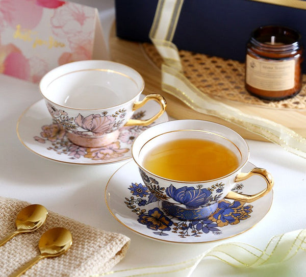 Elegant Ceramic Coffee Cups, Afternoon British Tea Cups, Unique Iris Flower Tea Cups and Saucers in Gift Box, Royal Bone China Porcelain Tea Cup Set-LargePaintingArt.com