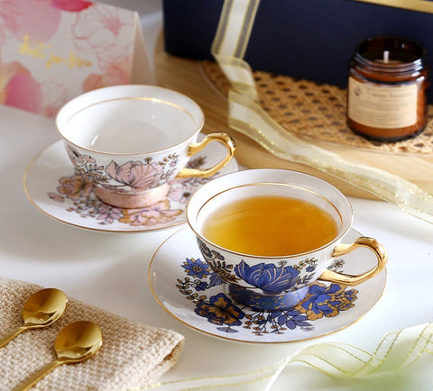 Elegant Ceramic Coffee Cups, Afternoon British Tea Cups, Unique Iris Flower Tea Cups and Saucers in Gift Box, Royal Bone China Porcelain Tea Cup Set-LargePaintingArt.com