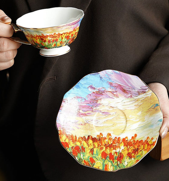 Elegant Ceramic Coffee Cups, Flower Field Vintage Bone China Porcelain Tea Cup Set, Unique British Tea Cup and Saucer in Gift Box, Royal Ceramic Cups-LargePaintingArt.com