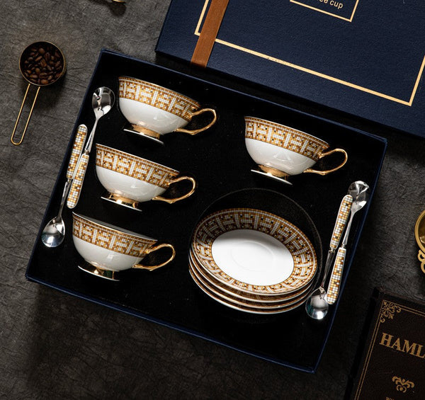 Porcelain Tea Cup Set for Office, Yellow Ceramic Cups, Elegant British Ceramic Coffee Cups, 6.8 oz Tea Cup and Saucer in Gift Box-LargePaintingArt.com