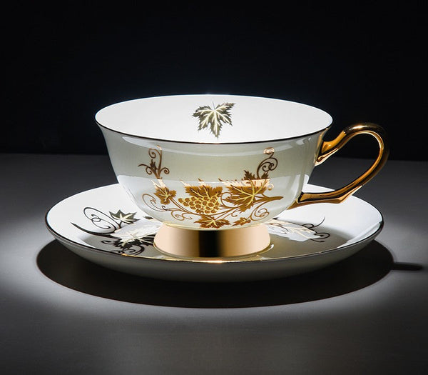 Golden Leaves and Grapes Porcelain Tea Cup Saucer Set, 7.4 oz British Tea Cup and Saucer in Gift Box, Elegant British Ceramic Coffee Cups-LargePaintingArt.com