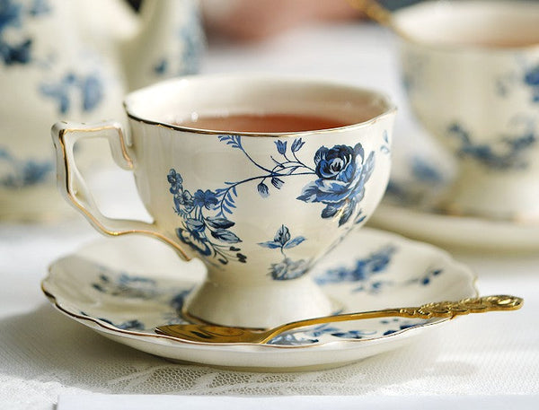 Elegant Vintage Ceramic Coffee Cups for Traditional Afternoon Tea, Royal Ceramic Cups, French Style China Porcelain Tea Cup Saucer Set, 6.8 oz Tea Cup and Saucers-LargePaintingArt.com