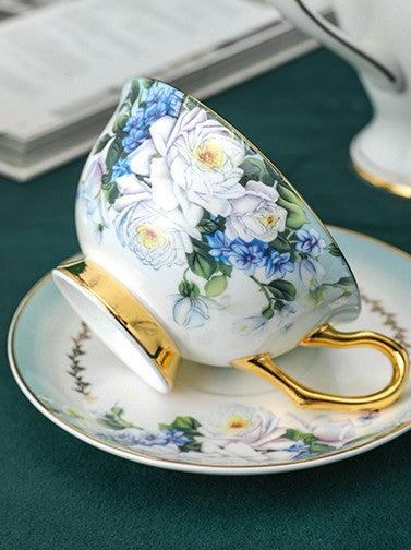 Elegant British Ceramic Coffee Cups, 7.4 oz Tea Cup and Saucer in Gift Box, Royal Porcelain Tea Cup Saucer Set, Rose Flower Pattern Ceramic Cups-LargePaintingArt.com