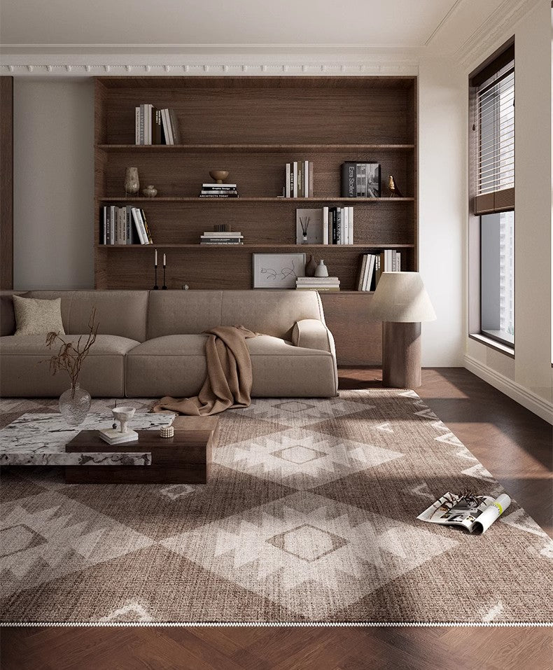 Brown Contemporary Abstract Rugs under Dining Room Table, Large Modern Rugs for Living Room, Mid Century Modern Rugs for Bedroom-LargePaintingArt.com