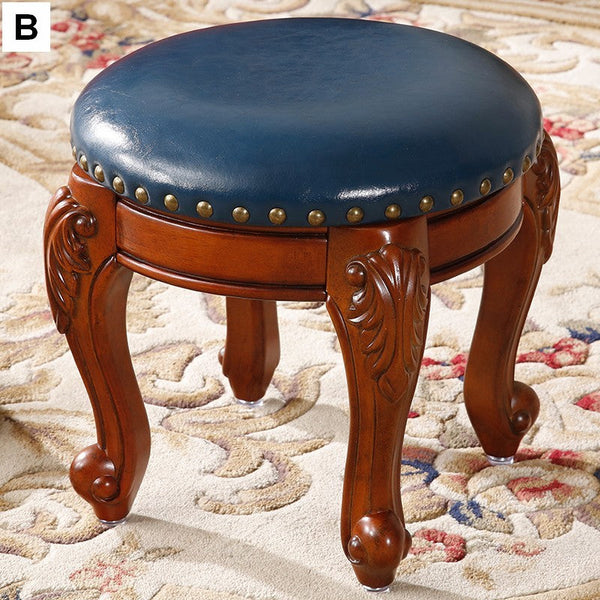 Solid Wood Ottoman, Rubberwood Entry Bench, Vanity Stool, Genuine Leather Solid Wood Entry Bench, Vintage Round Stool-LargePaintingArt.com