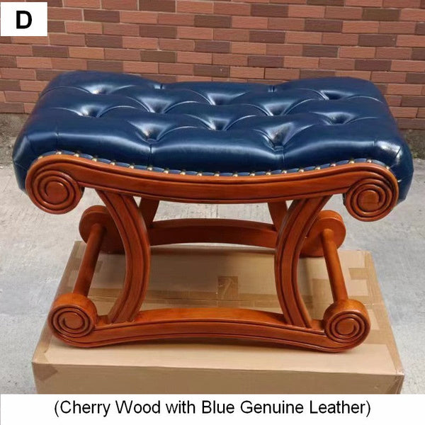 Vintage Leather Stool, Genuine Leather Solid Wood Entry Bench, Cherry Wood Footstool, Long Bench, Vanity Stool, Dressing Table Stool-LargePaintingArt.com