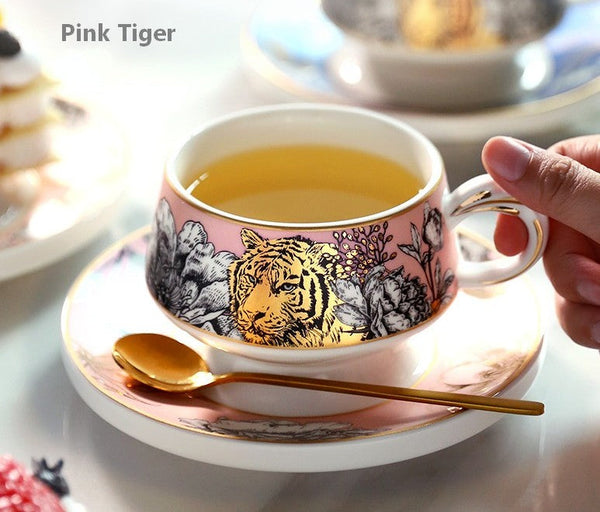 Unique Ceramic Cups with Gold Trim and Gift Box, Creative Ceramic Tea Cup and Saucer, Jungle Tiger Cheetah Porcelain Coffee Cups-LargePaintingArt.com