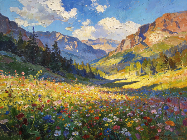Small Landscape Paintings, Mountain Meadow in Bloom, A Lush Floral Landscape, Original Wall Paintings, Original Artwork Small Paintings, On Canvas Small Wall Paintings, Hand Painted Canvas Art-LargePaintingArt.com