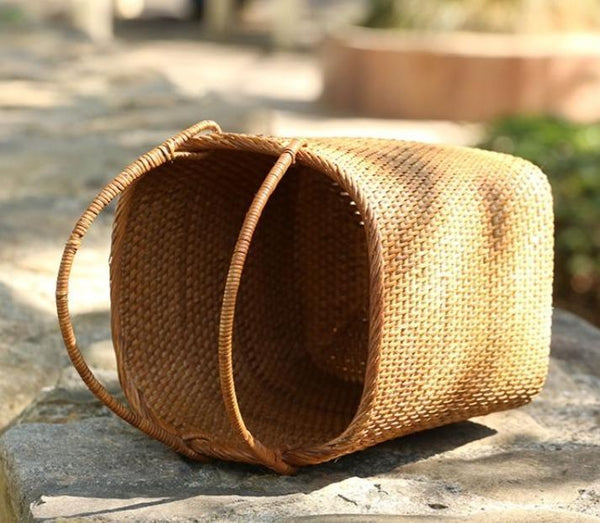 Woven Rattan Storage Basket with Handle, Storage Basket for Picnic, Fruit Storage Basket, Kitchen Storage Basekt-LargePaintingArt.com