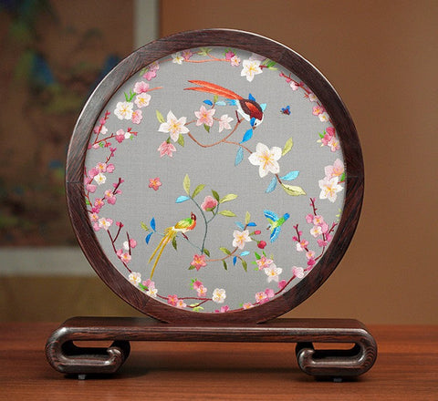 Flower and Birds Silk Embroidery Ornaments, Exclusive Business Presents, Creative Birthday Gift, Premium Souvenir, Traditional Chinese Suzhou Silk Embroidery-LargePaintingArt.com