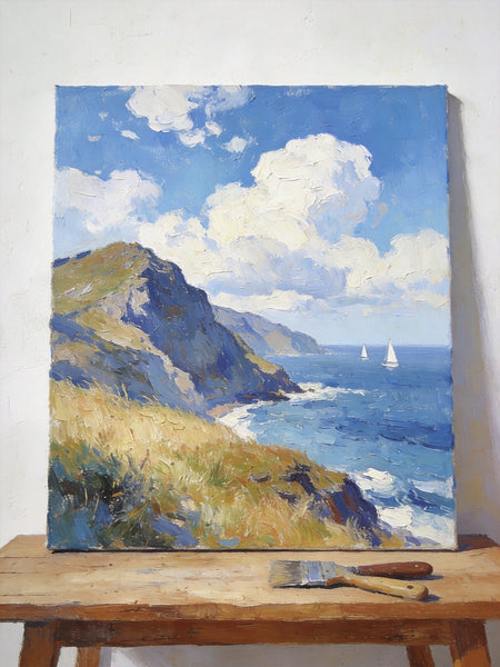 Original Landscape Paintings, Sails Beneath the Cliffside Clouds, Hand Painted Canvas Art, Small Canvas Wall Art Paintings, Buy Small Paintings Online, Original Oil Paintings-LargePaintingArt.com
