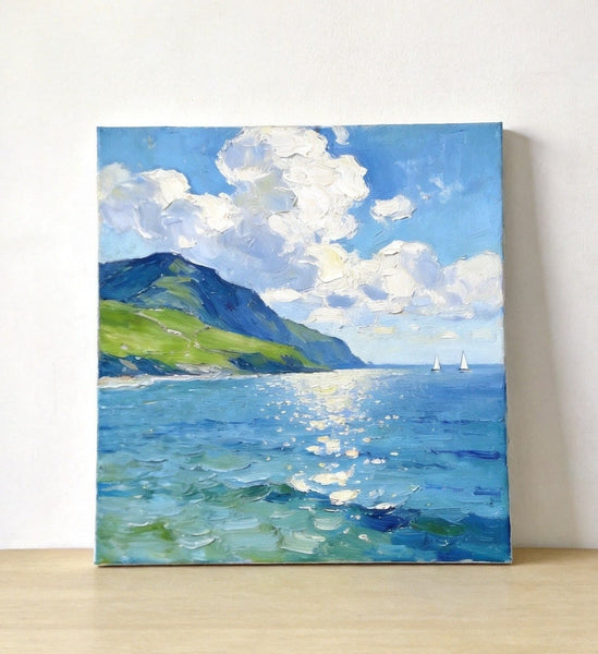 Bright Shoreline of the Blue Coast, Original Landscape Paintings, Original Oil Paintings, Hand Painted Canvas Art, Small Canvas Wall Art Paintings, Buy Small Paintings Online-LargePaintingArt.com