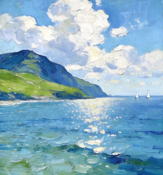 Bright Shoreline of the Blue Coast, Original Landscape Paintings, Original Oil Paintings, Hand Painted Canvas Art, Small Canvas Wall Art Paintings, Buy Small Paintings Online-LargePaintingArt.com