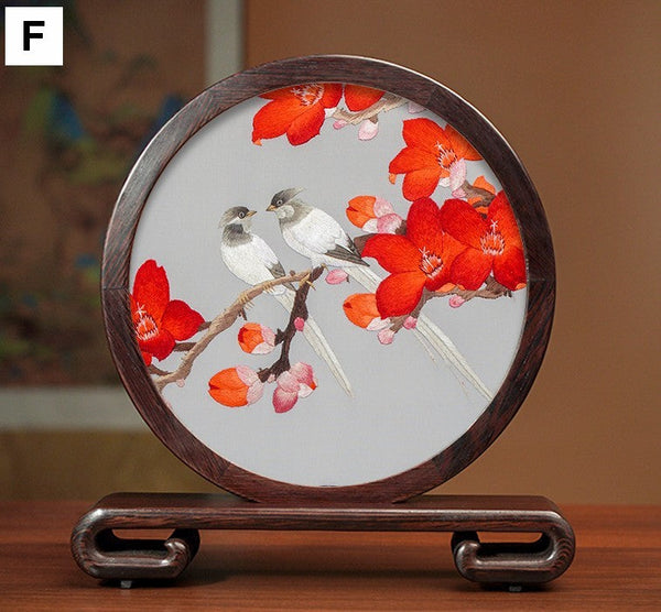 Unique Birthday Gift, Flower and Bird Embroidery Ornaments, Traditional Chinese Suzhou Silk Embroidered Ornament, Premium Souvenir, Exclusive Business Presents-LargePaintingArt.com