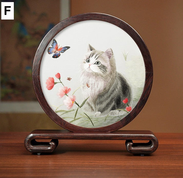 Exclusive Business Present, Lovely Kitty Cat Embroidered Decor, Premium Souvenir, Unique Birthday Gift, Traditional Chinese Suzhou Kitten Embroidery Ornament-LargePaintingArt.com
