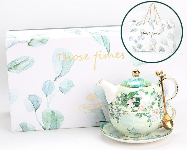 Ceramic Tea Pot with Integrated Cup, Mother-and-Baby Teapot with Matching Saucer, Vintage Style Stackable Tea Pot Set, English Style Tea Pot and Cup Set-LargePaintingArt.com