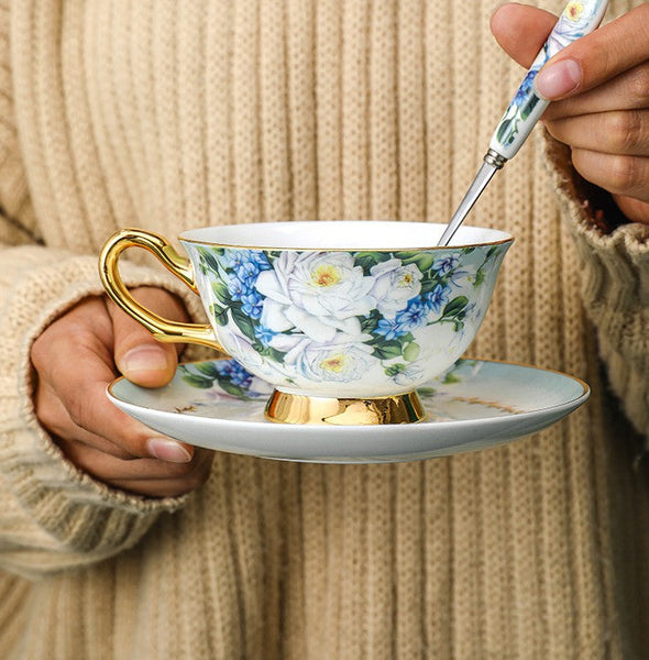 Royal Porcelain Tea Cup Saucer Set, Rose Flower Pattern Ceramic Cups, 7.4 oz British Ceramic Coffee Cups, Unique Tea Cup and Saucer in Gift Box-LargePaintingArt.com