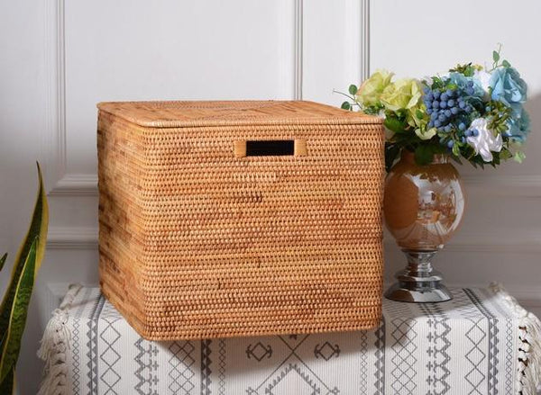 Wicker Storage Baskets for Bathroom, Rattan Rectangular Storage Basket with Lid, Extra Large Storage Baskets for Clothes, Storage Baskets for Bedroom-LargePaintingArt.com