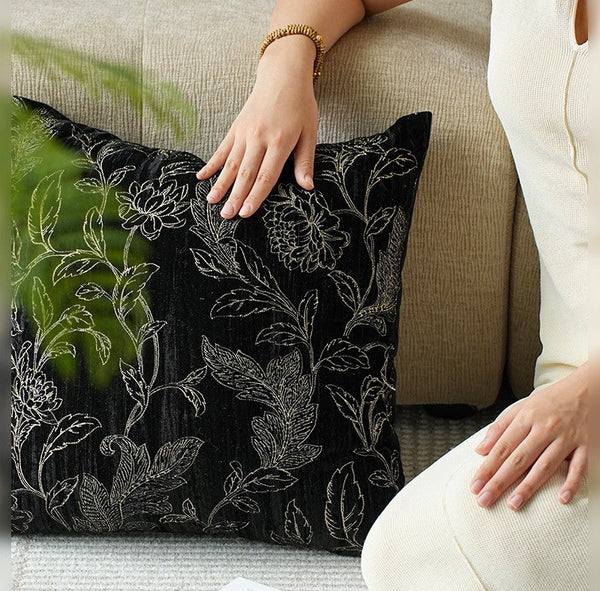Contemporary Modern Sofa Pillows, Black Embroidery Flower Pattern Pillows for Couch, Decorative Throw Pillows for Bedroom, Large Modern Sofa Pillow for Dining Room-LargePaintingArt.com