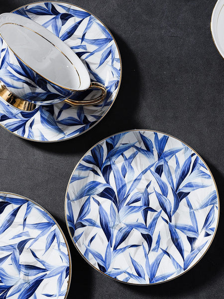 Unique British Tea Cup and Saucer in Gift Box, Blue Porcelain Tea Cup Saucer Set, 7.4 oz British Ceramic Coffee Cups-LargePaintingArt.com