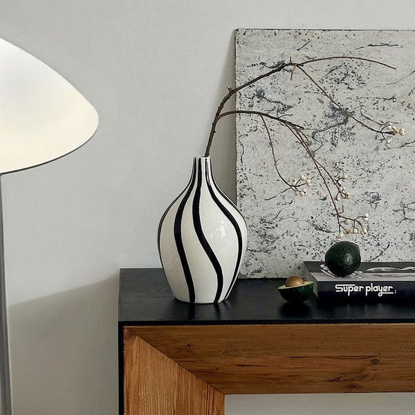 Water Holding Flower Vases, Black and White Striped Ceramic Vase, Porcelain Flower Vases, Modern Flower Vases on Table-LargePaintingArt.com