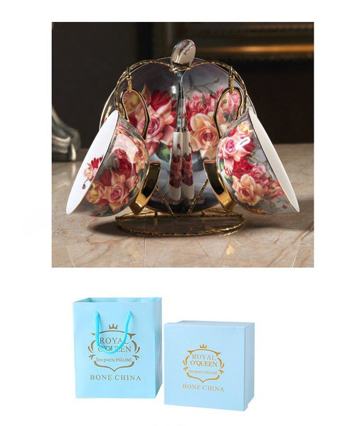 Ceramic Tea Cup and Saucer in Gift Box, Rose Flower Royal Porcelain Tea Cup Saucer Set, Elegant Ceramic Coffee Cups, Beautiful British Tea Cups-LargePaintingArt.com