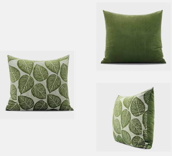 Contemporary Modern Sofa Pillows, Green Leaves Square Modern Throw Pillows for Couch, Simple Decorative Throw Pillows, Large Throw Pillow for Interior Design-LargePaintingArt.com