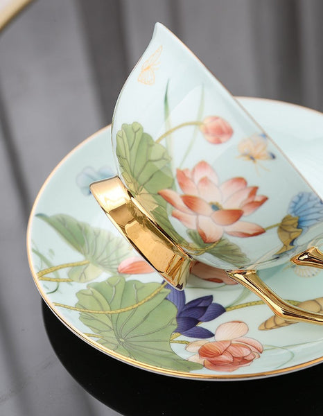 Unique British Tea Cup and Saucer in Gift Box, Lotus Flower Porcelain Tea Cup Saucer Set, Elegant British Ceramic Coffee Cups-LargePaintingArt.com
