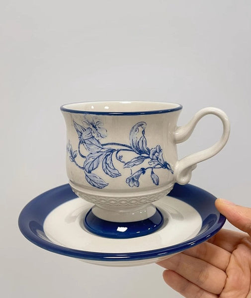 Creative Blue Coffee Cup and Saucer, Elegant Ceramic Cups for Afternoon Tea, Creative Porcelain Tea Cup Set, Beautiful British Tea Cups-LargePaintingArt.com