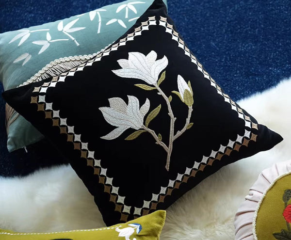 Decorative Pillow Arrangement Ideas for Couch, Magnolia Embroidered Cushion, Large Decorative Pillows for Couch, Modern Throw Pillows for Bedroom, Living Room Decorative Pillows-LargePaintingArt.com