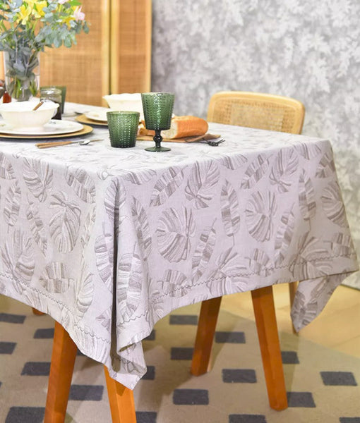 Monstera Leaf Modern Table Cloths for Kitchen, Simple Contemporary Grey Cotton Tablecloth, Large Rectangle Table Covers for Dining Room Table, Square Tablecloth for Round Table-LargePaintingArt.com