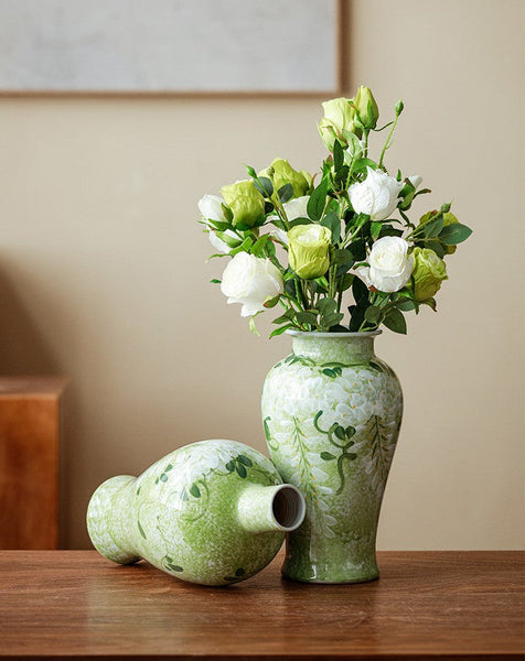 Large Flower Vases on Table, Green Porcelain Flower Vases, Centerpiece Ceramic Bud Vases, Handmade Water Holding Flower Vase-LargePaintingArt.com
