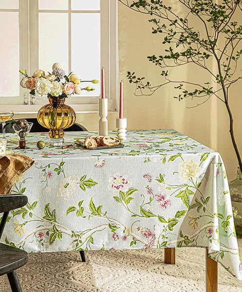 Singing Bird Tablecloth for Round Table, Kitchen Table Cover, Flower Table Cover for Dining Room Table, Modern Rectangle Tablecloth Ideas for Oval Table-LargePaintingArt.com