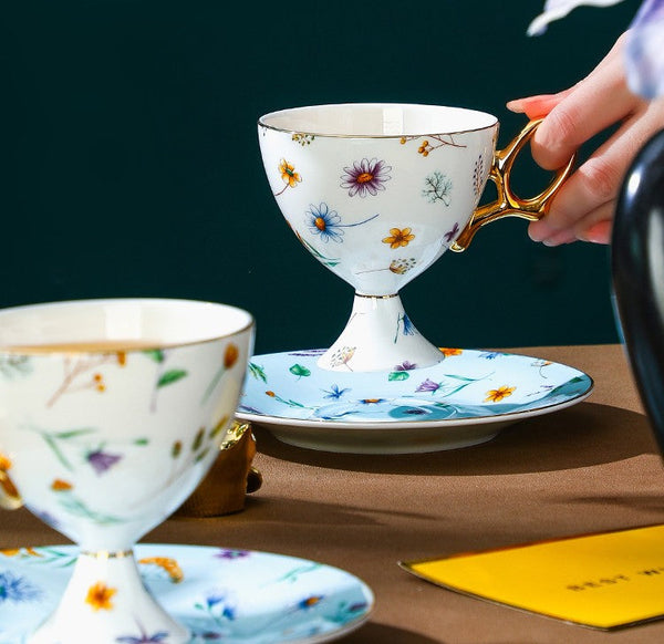 Porcelain Tea Cup and Saucer Set, Flower Ceramic Tea Cup and Saucer, Floral Tea Cup and Saucer Set in Gift Box, Elegant British Ceramic Coffee Cup with Saucer-LargePaintingArt.com
