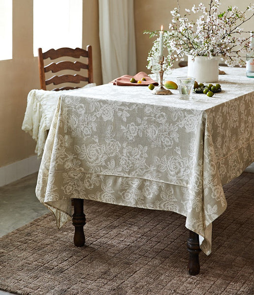 French Flower Pattern Tablecloth for Round Table, Vintage Rectangle Tablecloth for Dining Room Table, Rustic Farmhouse Table Cover for Kitchen-LargePaintingArt.com