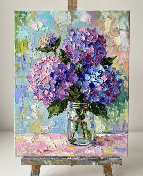 Hand Painted Canvas Art, Original Flower Paintings, Blue and Purple Hydrangea Flowers in Glass Vase, Small Canvas Artwork, Impasto Canvas Artwork, Original Oil Paintings
